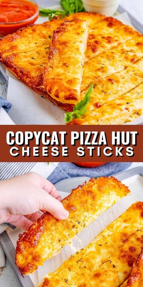 These copycat Pizza Hut cheese sticks are the perfect appetizer or side, making for a quick and easy addition to your lunch or dinner. Their cheesy goodness makes these cheese sticks a delicious comfort food, and they're so simple to make that even the kids will love helping out. Make these for game day, Super Bowl, and tailgating parties! Everyone will love their cheesy goodness. Copycat Pizza Hut, Cheese Bread Sticks, Copy Cats, Bread Sticks, Cheese Sticks, Coffee Cakes, Cheesy Recipes, Pizza Hut, Pizza Bread