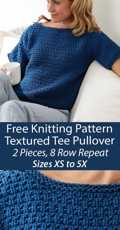 Easy Top Knitting Pattern: Textured Tee Pullover in XS-5XL Knitted Tshirt Pattern, Knit Top Pattern Free, Aesthetic Knit, Top Knitting Pattern, Easy Sweater Knitting Patterns, Free Knitting Patterns For Women, Ladies Cardigan Knitting Patterns, Ladies Knitting Patterns, Summer Knitting Patterns