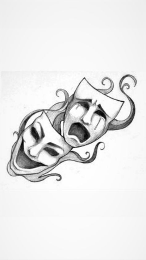 Theatre Masks Drawing, 2 Face Tattoo Mask, Joker Mask Tattoo, Drama Mask Tattoo Design, Theater Tattoo Ideas, Theatre Masks Tattoo, Two Face Tattoo, Theater Mask Tattoo, Chanel Tattoo