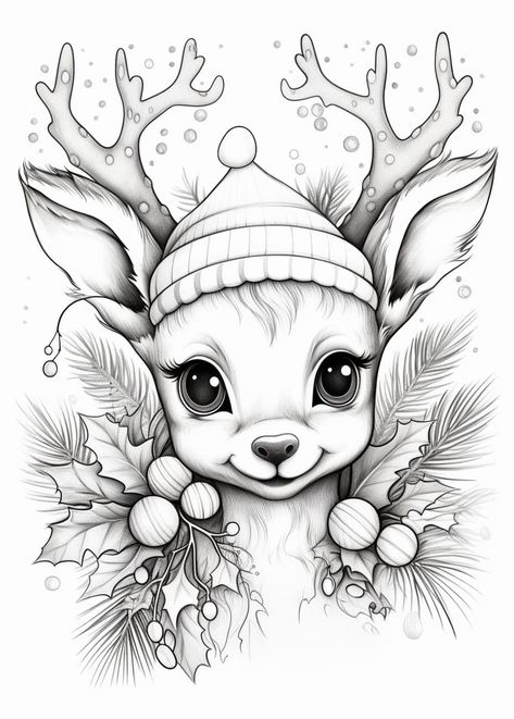 Christmas Drawings Black And White, Christmas Drawing Black And White, Christmas Characters Drawings, Skisser Ideas, Christmas Sketches Pencil, Christmas Pencil Drawings, Christmas Color Pages, Christmas Drawing Ideas Creative, Reindeer Sketch