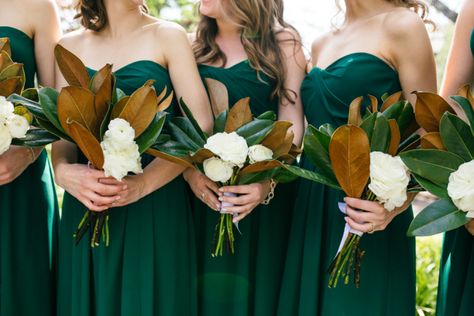 Green Gowns, Wedding Flower Alternatives, Magnolia Bouquet, Dark Green Bridesmaid Dress, Magnolia Wedding, Florals Wedding, Unique Wedding Flowers, Downtown Charleston, Magnolia Leaves