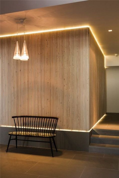 Wood Wall Ideas, Wooden Accent Wall, Wood Plank Walls, Mid Century Minimalist, Wood Accent Wall, Plank Walls, Modern Lighting Design, Indirect Lighting, Wooden Design