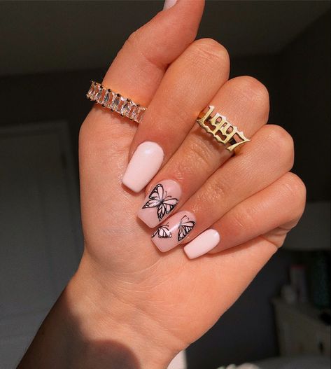 Hand Drawn Butterfly Nails, Neutral Butterfly Nails, Pastel Butterfly Nails, Buterfluffy Nails, American Manicure, Almond Acrylic, Retro Nails, Butterfly Nails, Graduation Nails