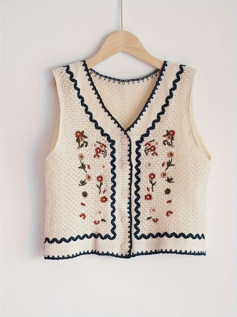 Girl's Bohemian Style Crochet Knit Waistcoat, Hollow-Out Pastoral Vest Cardigan, Floral Embroidery With Scalloped Edges https://share.temu.com/ReYGe2pWAgA via @shoptemu Knit Waistcoat, Vest Cardigan, Cardigan Vest, Scalloped Edges, Floral Embroidery, Bohemian Style, Embroidery, Knitting, Crochet