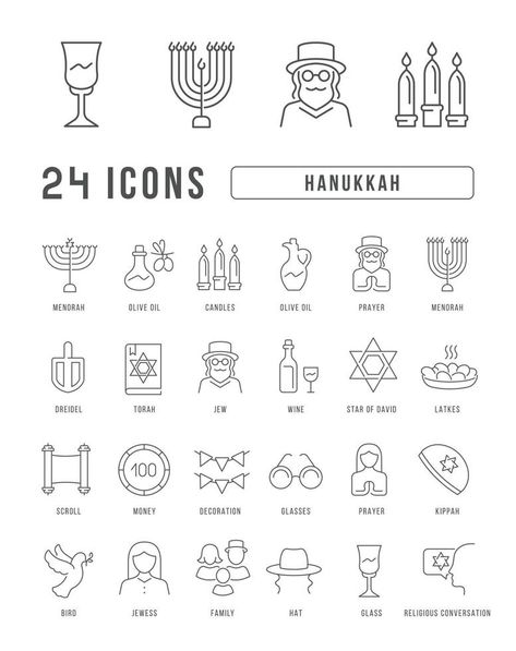 Vector Line Icons of Hanukkah Hanukkah Symbols, Vector Doodle, Vector Line, Jewish Holidays, Menorah, Torah, Line Icon, Line Drawing, Hanukkah