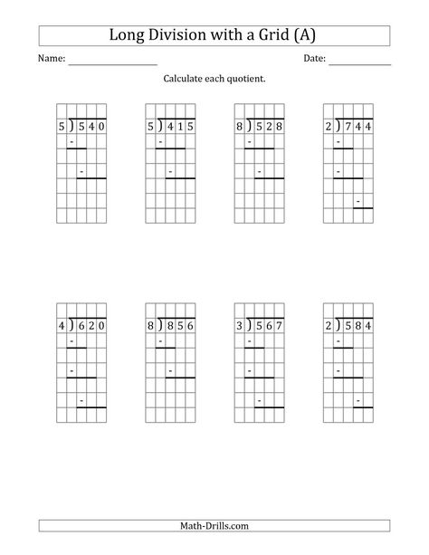 The 3-Digit by 1-Digit Long Division with Grid Assistance and Prompts and NO Remainders (A) Math Worksheet from the Division Worksheets Page at Math-Drills.com. Long Division With Remainders, Division With Remainders, Polynomials Worksheet, Math Division Worksheets, Long Division Worksheets, Math Drills, Mathematics Worksheets, Math Graphic Organizers, Math Centers Middle School