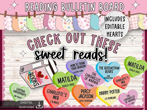 library valentine bulletin board | love hearts bulletin kit | reading bulletin board idea | editable bulletin kit | february bulletin kit by SlidesAndStyle on Etsy Love Of Reading Bulletin Board, Valentine Bulletin Boards For Library, Valentine Bulletin Board, Reading Bulletin Board, February Bulletin Boards, Valentine Bulletin Boards, Bullentin Boards, Future Library, Reading Bulletin Boards