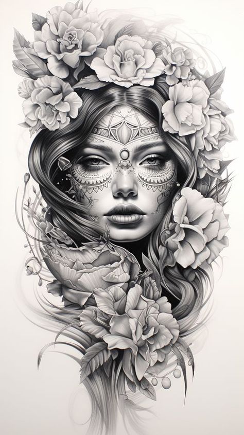 Chicano Art Sketches: Expressing Culture in Detail Sugar Skull Art Drawing, Portrait Tattoo Sleeve, Chicano Culture, Indian Tattoo Design, Female Warrior Tattoo, Mujeres Tattoo, Catrina Tattoo, Native Tattoos, Girl Face Drawing