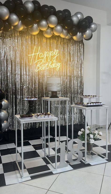 Black And Silver Birthday Party, Black And Silver Birthday, 18th Birthday Party Themes, Sweet Sixteen Birthday Party Ideas, Happy Birthday Decor, Simple Birthday Decorations, Monkey Birthday, Cute Birthday Ideas, 30th Bday