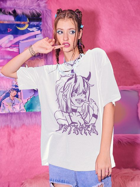 Oversized Tee Outfit, Drop Shoulder Tee, Tee Outfit, Women T Shirts, Oversized Tee, White Casual, Anime Figures, Women Tops, Half Sleeve