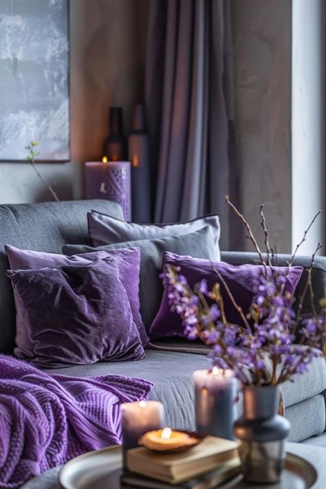 Chic Grey and Purple Living Room Decor Ideas Purple Interior Design Living Room, Grey And Purple Living Room, Purple Living Room Decor, Living Room Ideas Grey, Purple Living Room Furniture, Lilac Living Room, Elegant Living Room Ideas, Room Ideas Grey, Grey Sofa Decor