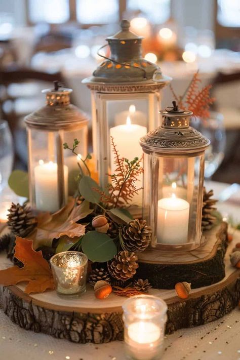 Centerpieces Wedding Autumn, Fall November Wedding, Rustic Candle Centerpieces Wedding, Non Flower Centerpieces Wedding Fall, Acorn Centerpiece Table Decorations, Hobbit Themed Thanksgiving, Table Decorations Fall Wedding, White Pumpkin Wedding Decor Centerpieces, Fall Mum Centerpieces Table Decorations