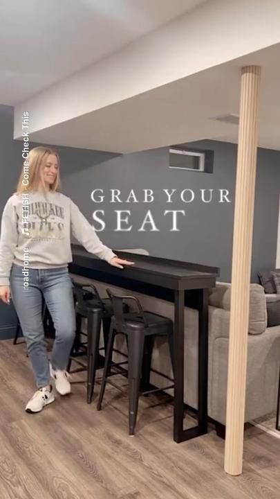 Lydia | Quilroadhome on TikTok Bar Table Behind Couch, Bar Behind Couch, Table Behind The Couch, Bar Top Table, Bar Table Diy, High Top Bar Table, Bar Top Tables, Table Behind Couch, Behind The Couch