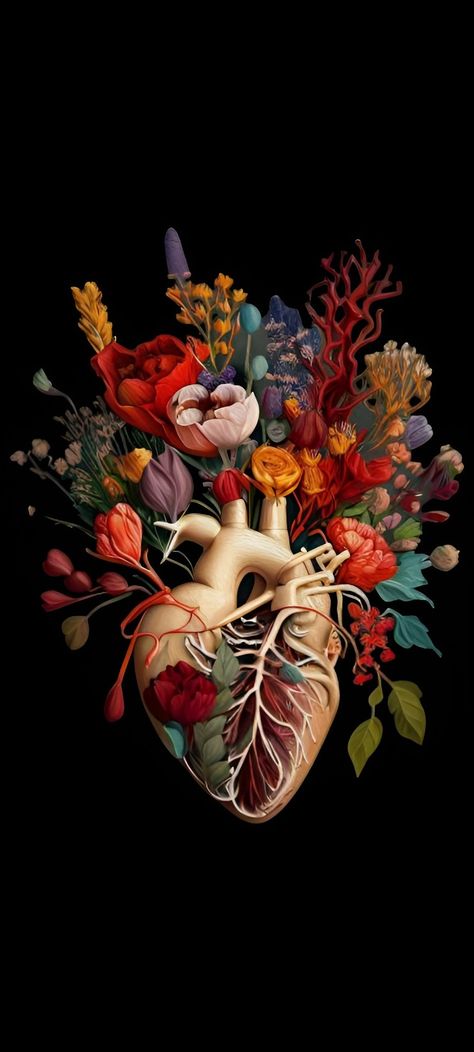 Anatomic Heart Wallpaper Aesthetic, Anatomical Heart Flowers, Human Heart Drawing With Flowers, Human Heart Art Flowers, Anatomical Heart Art Unique, Anatomically Correct Heart Painting, Anatomical Heart Art, Instagram Story Questions, Anatomical Heart