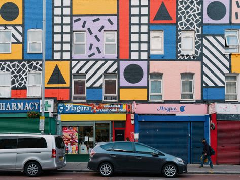 Camille Walala revives Leyton high street with Walala Parade Camille Walala, Vibrant Aesthetic, Architecture Contemporary, Abandoned Warehouse, Outdoor Artwork, Creative Area, Led Projects, Public Artwork, Colorful Murals