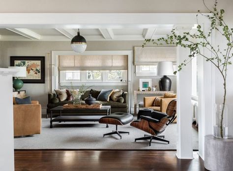 Seattle-based interior designer Brian Paquette continues to make me swoon over his work - including this magazine-worthy living and dining room he designed in West Seattle. Such beautiful tones of dee Brian Paquette, Lounge Chairs Living Room, West Seattle, Living Comedor, Style Lounge, Sofa Styling, Eames Lounge, Living And Dining Room, Eames Lounge Chair