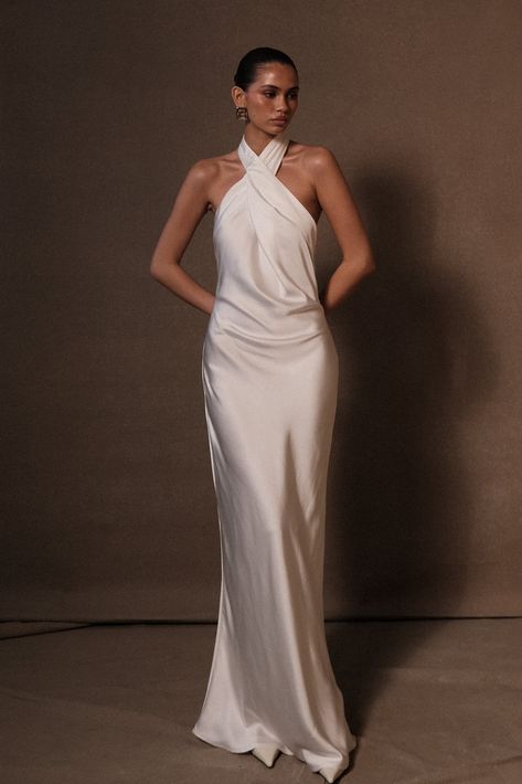 Laura Halter Satin Gown - White Halter Neck Gown With Sleeves, Drape Bridesmaid Dress, Drape Satin Dress, Bridal Evening Dresses, Chic Satin Halter Neck Dress, Halter Satin Wedding Dress, Luxury Satin Finish Halter Dress, Halter Wedding Dress With Gloves, Low Back White Satin Dress