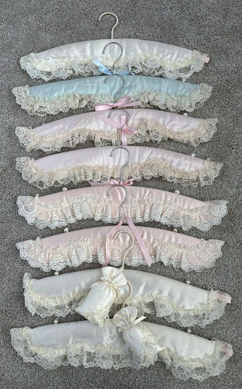 Lot of 8 Vintage Padded Satin Fabric Covered Laced Lingerie Hangers w/Buttons | #4640215847 Lingerie Hangers, Satin Hangers, Space Fairy, Coquette Fits, Coquette Things, Vintage Hangers, Pallet Beds, Padded Hangers, Room Stuff