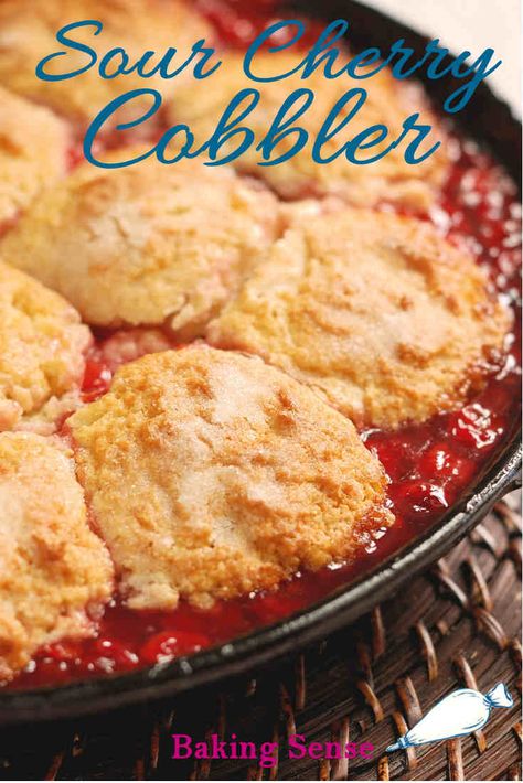 Sour Cherry Cobbler in a cast iron skillet is a perfect dessert for casual dining. Juicy sour cherries are baked under cream biscuits with a hint of almond. #recipe #homemade #from scratch #easy #cast iron skillet #fresh #tart #sour #with biscuits Bisquick Cherry Cobbler, Sour Cherry Cobbler, Fresh Cherry Cobbler, Guy Food, Sour Cherry Recipes, Old Fashioned Cherries, Sour Cherry Pie, Cherry Recipes Dessert, Cherry Cobbler Recipe