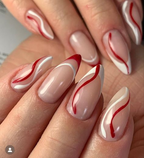 Red And White Nails, Hippie Nails, Lines On Nails, Almond Acrylic Nails, Soft Nails, Short Acrylic Nails Designs, Xmas Nails, Minimalist Nails, Pretty Acrylic Nails