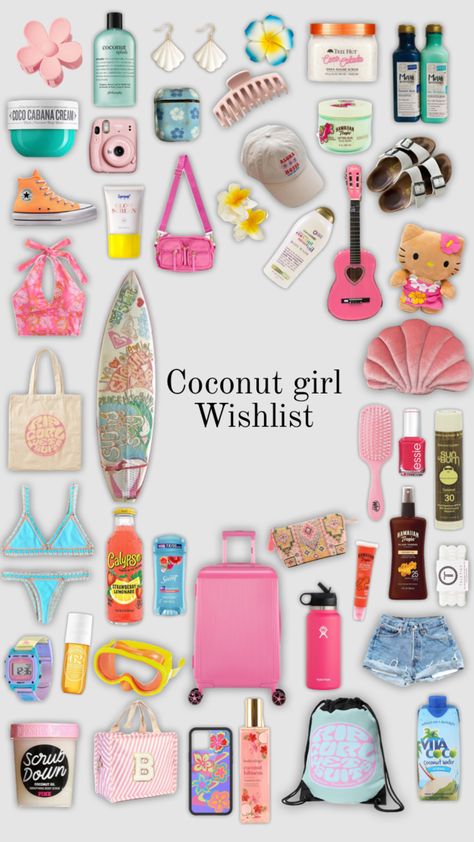 #coconutgirl #coconutgirlsummer #coconutgirlaesthetic #wishlist #wishlistideas #wishlistinspo Coconut Girl Wishlist, Summer Needs Products, Summer Bag Essentials, Summer Must Haves, Summer Necessities, Summer Wishlist, Coconut Dream, Preppy Gifts, Preppy Inspiration