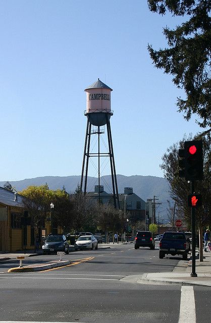 Landmark Water Tower City of Campbell, CA    The landmark water tower in beautiful downtown Campbell, CA.  Photography by Jeffrey Francois Campbell California, Tower Photography, Brewery Logo, Sweet California, Tower City, Water Towers, California Photography, Water Tower, Silicon Valley