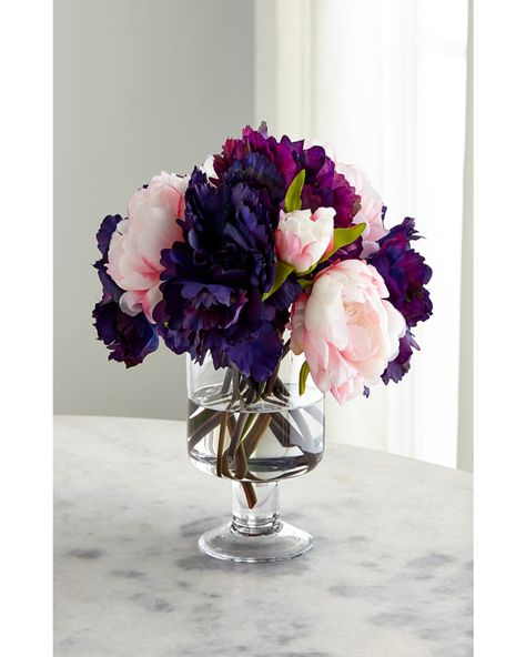 EXCLUSIVELY OURS. A nosegay of pink and dark purple peonies are presented in a footed glass container. Handcrafted of polyester. Overall: 12"W x 11"D x 9"T. Base: 4.5"Dia. x 6.5"T. Feather dust. Made in the USA of imported materials. Eco Friendly Home Design, John Richard Collection, Hype Beast, Purple Peonies, Diy Arrangements, Orchids Garden, Faux Floral Arrangement, Eco Friendly Home, John Richard