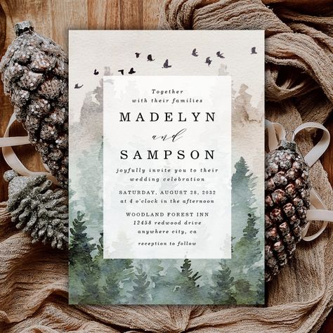 Pine Tree Forest, Splash Design, Painted Birds, Rustic Watercolor, Tree Watercolor, Pine Trees Forest, Themed Wedding Invitations, Winter Wedding Invitations, Typography Layout