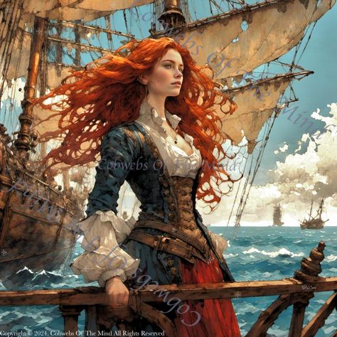 Lady of the Tempest https://cobwebsofthemind.art/products/lady-of-the-tempest-digital-art 🏴‍☠️✨ Behold the Queen of the High Seas! 🌊👑 Dive into a world of adventure with our latest masterpiece from Cobwebs Of The Mind! This stunning digital artwork brings to life a fierce pirate queen, ready to conquer the seven seas. 🚢💪 Feast your eyes on the intricate details: • Flowing red hair dancing in the sea breeze 🌬️ • Historically inspired costume with a fantasy twist 👗 • Majestic sailing ship, rigg... Red Haired Pirates, Pirate Queen, Stormy Seas, Pirate Art, The Tempest, Seven Seas, Female Protagonist, Fantasy Setting, Fantasy Artist