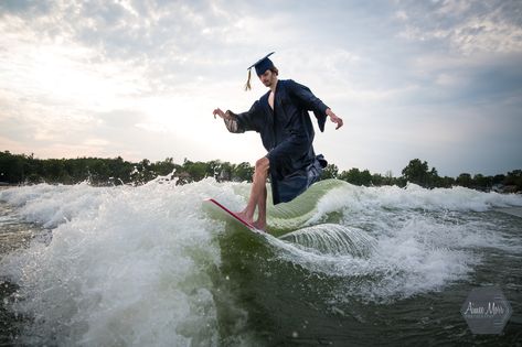 Cap & Gown session on a wakeboard!!! Senior pictures surfing the wake. Surf cap & gown pictures. High school senior pictures • Michigan senior photography • Posing idea for senior • Summer senior pictures • Senior pictures on the lake • Class of 2024 Jet Ski Senior Pictures, Wake Surfing Senior Pictures, Wakeboarding Senior Pictures, Surf Senior Pictures, Surfing Graduation Pictures, Surfing Senior Pictures, Sr Photos, Basketball Senior Pictures, Cap And Gown Pictures