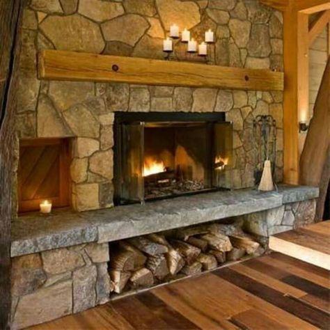 Stone fireplace with wood storage below House Addition, Addition Ideas, Casa Country, Rustic Fireplaces, This Old House, Fireplace Hearth, Small Doors, Fireplace Ideas, Home Fireplace