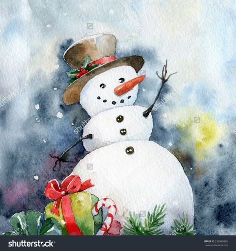 Bright Christmas Card. Cheerful Snowman. Watercolor Illustrations ... Akvarel Illustration, Snowman Cards, Christmas Card Art, Watercolor Christmas Cards, Art Carte, Christmas Wonderland, Christmas Paintings, Christmas Watercolor, Watercolor Cards