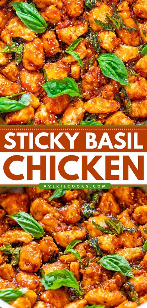 Spicy Basil Chicken Recipe (Quick & Easy!) - Averie Cooks Spicy Basil Chicken, Basil Chicken Recipe, Healthy Sesame Chicken, Fresh Basil Recipes, Baked Teriyaki Chicken, Amazing Chicken, Dessert Sans Gluten, Asian Restaurant, Basil Recipes