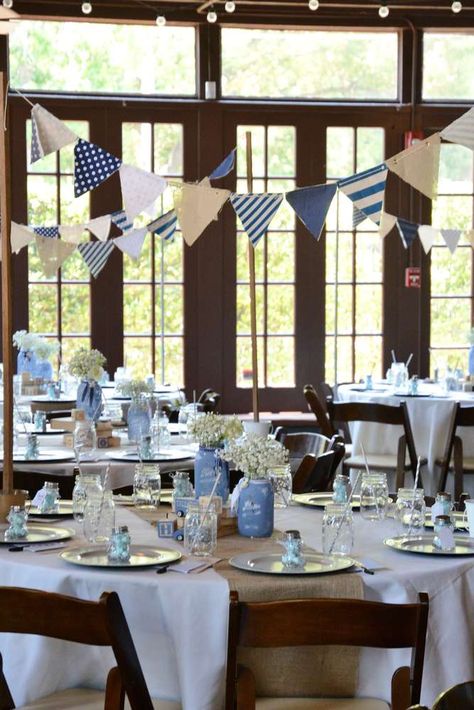 Vintage Chic Baby Boy Shower | CatchMyParty.com Chic Boy Baby Shower Ideas, Vintage Baby Boy Shower Ideas, Vintage Boy Baby Shower Ideas, Classic Baby Boy Shower Ideas, Ralph Lauren Baby Shower Theme, Blue Gingham Baby Shower Ideas, Baby Boy Shower Table, Vintage Baby Shower Ideas, Polo Baby Shower