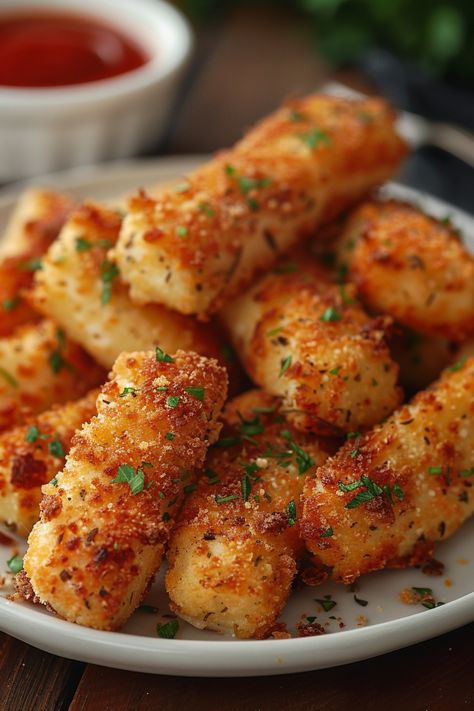 Breaded and fried mozzarella sticks garnished with parsley, served with a small bowl of marinara sauce. Buffalo Mozzarella Sticks, Fried Mozzarella Sticks Air Fryer, Mozzerella Stick Recipe Easy Air Fryer, Air Fryer Recipes Snacks Appetizers, Air Fryer Mozzarella Sticks Homemade, Mozarella Sticks Recipes, Cheese Sticks Air Fryer, Air Fryer Gluten Free Recipes, Air Fried Mozzarella Sticks