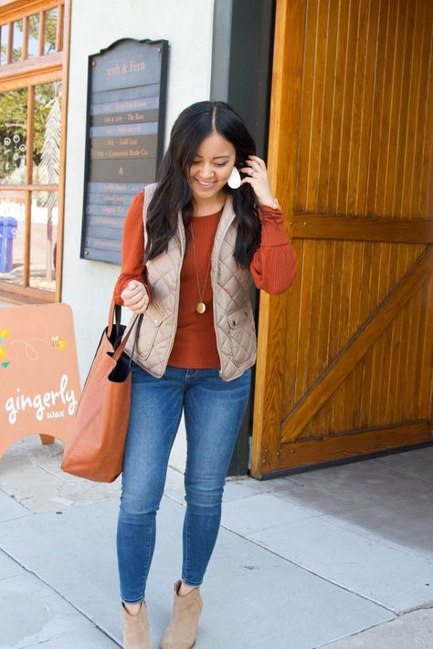 Rust Orange Sweater, Vest Outfits For Women, Tan Vest, Dressy Casual Outfits, Orange Sweater, Fall Outfit Ideas, Fall Activities, Casual Work Outfits, Vest Outfits