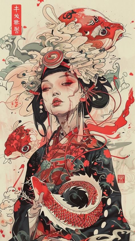 Geisha Art, 캐릭터 드로잉, Japanese Tattoo Art, Kimetsu No Yaiba, Chinese Art, Pretty Art, Asian Art, Japanese Art, Cyberpunk