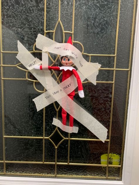 Elf Taped To Wall, Elf On The Shelf Taped Up, Elf Classroom, Xmas Gift Tags, Dont Play, Bad Elf, Christmas Shelf, Shelf Inspiration, Elf Shelf