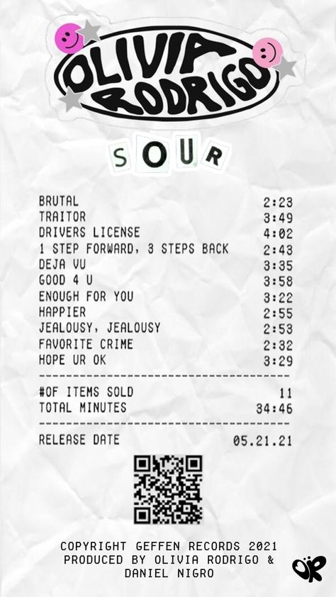 Sour Album Receipt, Olivia Rodrigo Receipt, Music Receipt Aesthetic, Music Receipts, Music Receipt, Album Receipts, Album Receipt, Alfabet Font, Music Poster Ideas