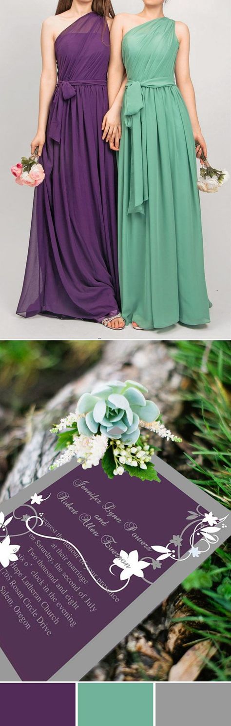 Purple and mint green wedding Bridesmaid Color Scheme, Purple And Green Wedding, Wedding Mint Green, Wedding Colors Purple, Green Wedding Colors, Bridesmaid Colors, Beautiful Bridesmaid Dresses, Purple Wedding Invitations, Purple Bridesmaids