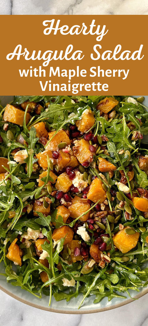 Arugula Salad Recipes Goat Cheese, Arugula Salad Fall, Arugula Butternut Squash Salad, Butternut Squash Arugula Salad, Arugula Salads, Goat Cheese Pomegranate, Butternut Squash Goat Cheese, Squash Goat Cheese, Harvest Salad Recipes