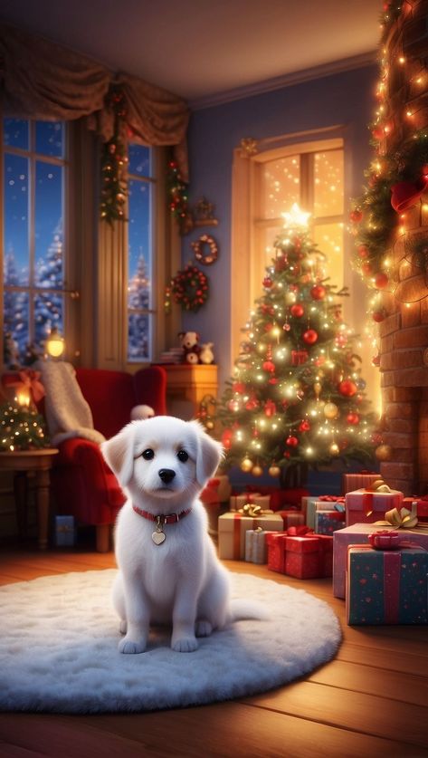 Christmas Animal Wallpaper, Christmas Dog Wallpaper, Christmas Dog Illustration, Christmas Images Wallpaper, Merry Christmas Dogs, Animated Christmas Wallpaper, Vintage Wallpaper Ideas, Animated Christmas Pictures, Merry Christmas Dog