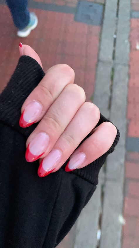 Graduation Nails Acrylic Oval, Red Gel Acrylic Nails Almond, Nails With Hints Of Red, Almond Shaped Red French Tip Nails, Red Sparkle French Tip Nails Almond, Nails To Go With A Red Prom Dress, Red Nails Acrylic Almond Design, Almond French Tip Long, Prom Nails For A Red Dress