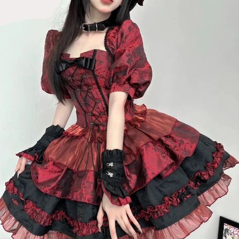 Enchanting Elegance Victorian Gothic Lolita 3-Piece Dress Set | Burgundy & Black - A Gothic Universe - Dresses Japanese Punk, Mode Punk, Evening Party Dresses, Punk Dress, Japanese Dress, Gothic Dress, Lace Bows, Punk Style, Victorian Gothic