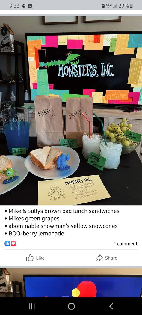 Monsters Inc Movie Night, Movie Themed Dinner, Disney Movie Night Snacks, Banner Snack, Monsters Inc Movie, Disney Movie Night Menu, Disney Themed Movie Night, Disney Movie Night Food, Disney Movie Night Dinner