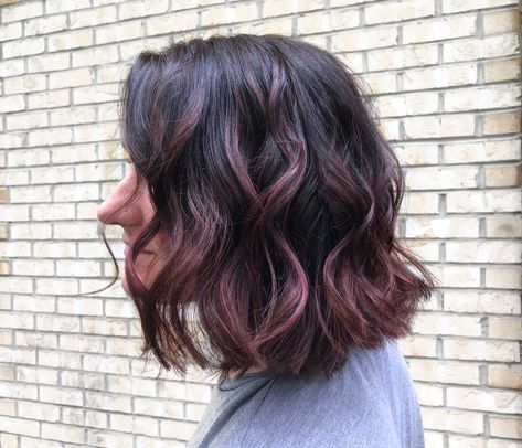 Short Brown Hair Purple Highlights, Short Hair With Purple Ends, Short Eggplant Hair, Plum Highlights In Brown Hair, Short Hair Purple Highlights, Short Plum Hair, Plum Highlights, Dark Short Hair, Purple Highlights Brown Hair