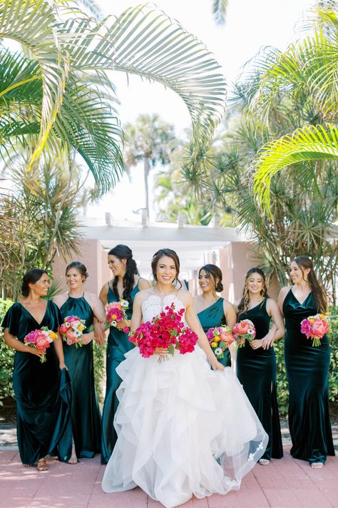 Dark Green And Hot Pink Wedding, Bride With Bridesmaids, Green Gold Weddings, Emerald Green Bridesmaid Dresses, St Pete Wedding, Pink Flower Bouquet, Hot Pink Weddings, Bridesmaid Ideas, Emerald Green Weddings