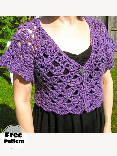 Crochet Bolero Free Pattern For Women, Cropped Cardigan Crochet Pattern, Cropped Cardigan Crochet, Crochet Shrug Pattern Free, Crochet Shrugs, Crochet Hexagon Blanket, Bolero Crochet, Crochet Jackets, Crochet Bolero Pattern