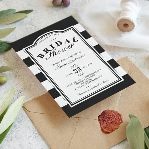 Classy Black White Striped Bridal Shower Invite Shower Black, Wedding Shower Decorations, Elegant Bridal Shower, Black And White Wedding, Bridal Shower Invitation, Classic Elegant, Wedding Color Schemes, Christmas Card Holders, Zazzle Invitations