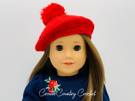 Crochet Beret Free Pattern, Crochet Patterns For Dolls, Beret Crochet Pattern, Country Crochet, Beret Crochet, American Girl Crochet, Beret Pattern, American Girl Patterns, Crochet Baby Dress Pattern